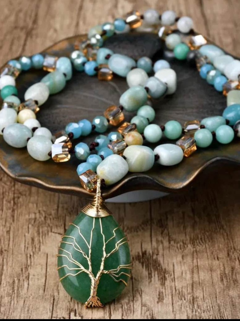 Green Tree of Life Pendant Necklace with Mixed Stone Beads